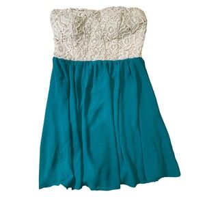 Sequin Hearts Strapless Dress Lace Top Teal Green Party Mini Women's Size 3